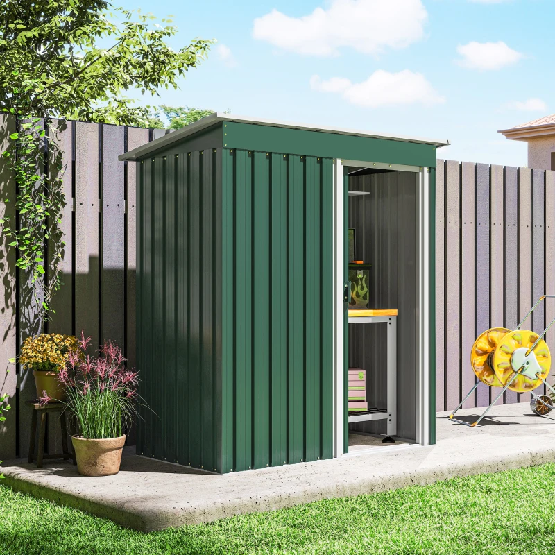 Outsunny 5 x 3 FT Outdoor Storage Shed with Sliding Door and Sloped Roof, Steel Frame Garden Shed Tool Equipment, Green
