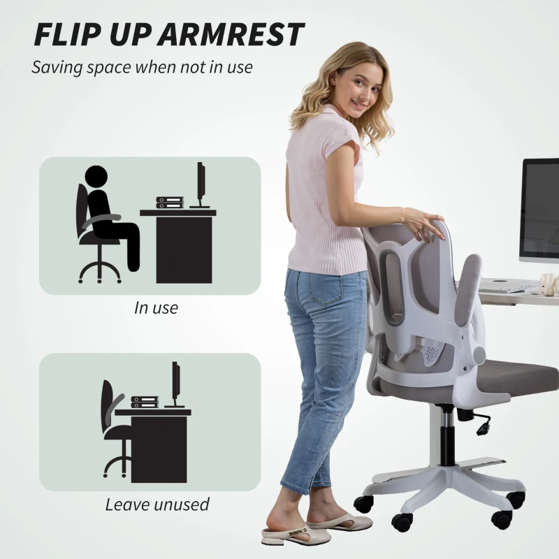 HOMCOM Ergonomic Office Chair, Swivel Desk Chair with Adjustable Lumbar Support and Height, Flip-up Armrests, Wheels, Grey