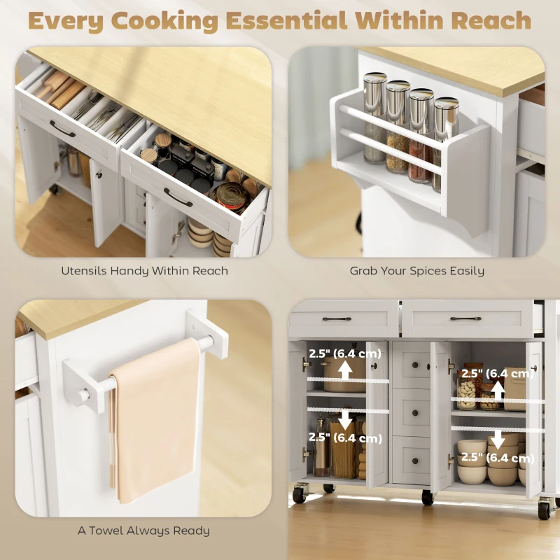 HOMCOM Kitchen Island Cart with Power Outlet & Drop Leaf, 55" Rolling Kitchen Island on Wheels with Storage, White