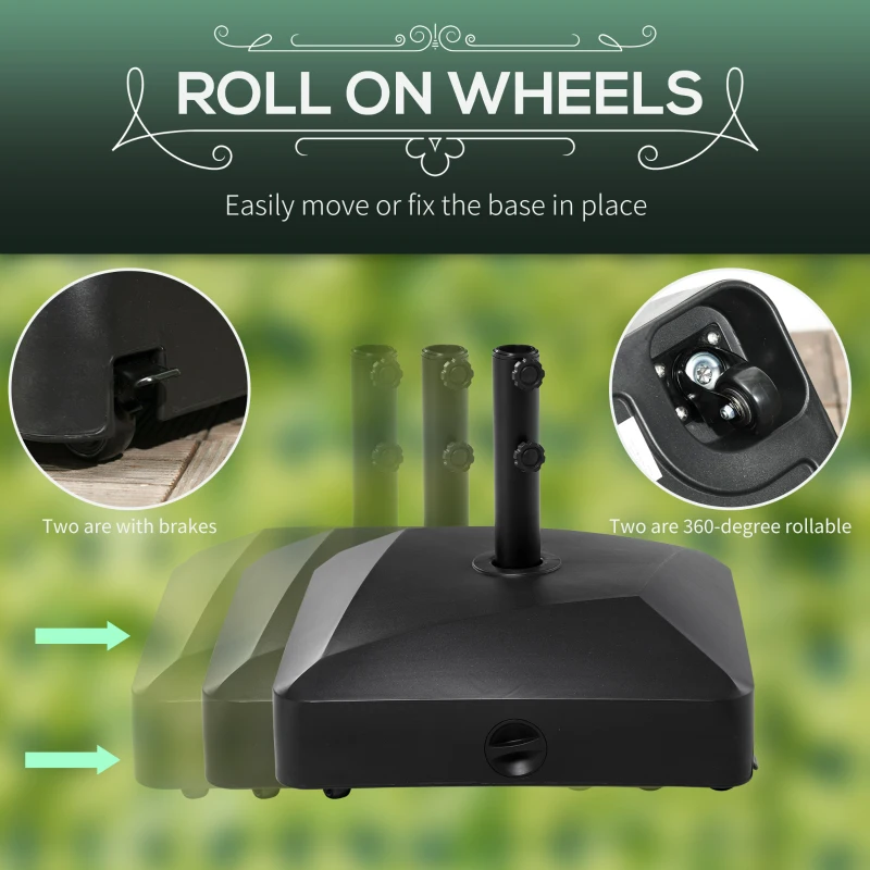 Outsunny Filled Patio Umbrella Base with Wheels, 132 lb Heavy Duty Market Umbrella Stand for Outdoor, Garden, Backyard, Black