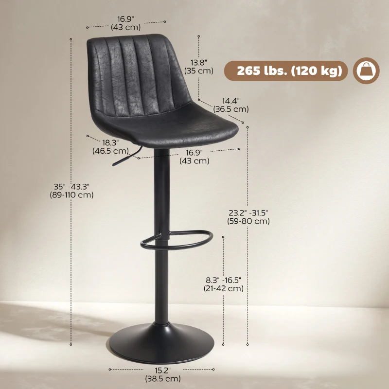 HOMCOM Counter Height Bar Stools Set of 2, Adjustable Height Bar Chairs with Swivel Seat, Leathaire Upholstery, Black