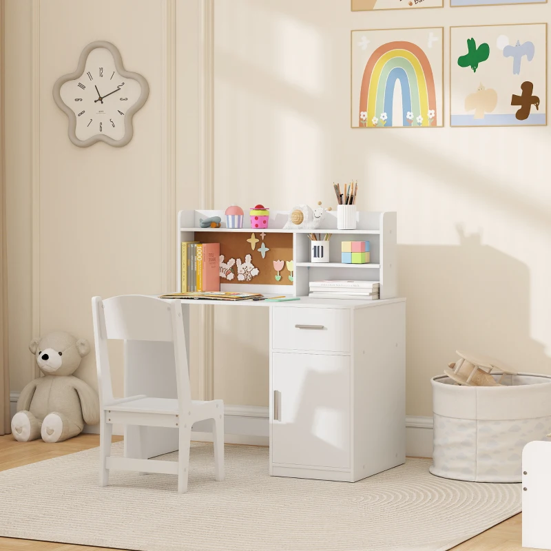 Qaba Kids Desk and Chair Set, Kids Study Table and Chair Set with Storage Hutch, Drawer, Cabinet, Compartments, Cork Board