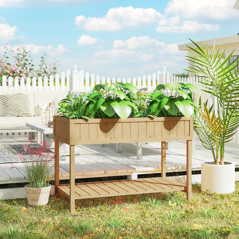 Outsunny 43.25" x 18" x 30" Raised Garden Bed, Wooden Plant Stand with 8 Grid Box, Storage Shelf for Outdoor, Natural Wood Colour