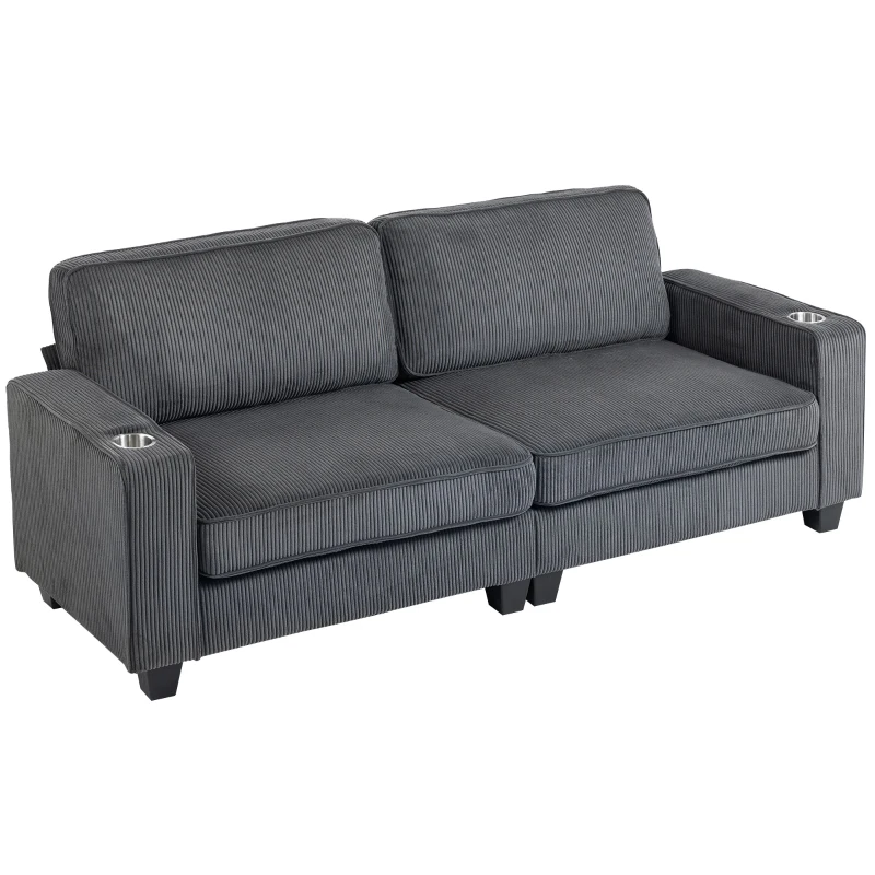 HOMCOM Three Seater Sofa, Fabric 3 Seater Couch with Spring Cushion and Cup Holders for Living Room, Bedroom, Dark Grey