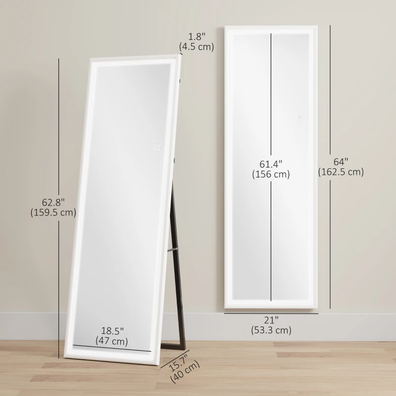 HOMCOM LED Mirror with Dimmable and 3 Colour Lights, 64" x 21" Rectangular Full Body Mirror for Bedroom Living Room, White