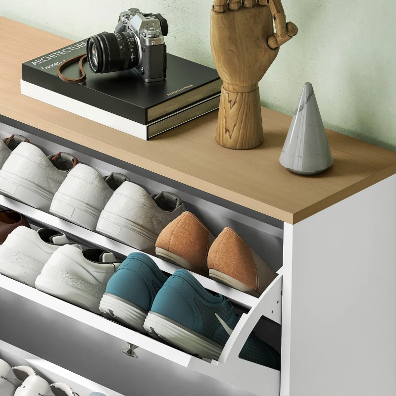 HOMCOM Narrow Shoe Cabinet with 4 Flip Drawers, Shoe Storage Cabinet with Adjustable Shelves, Holds 24–32 Pairs, White