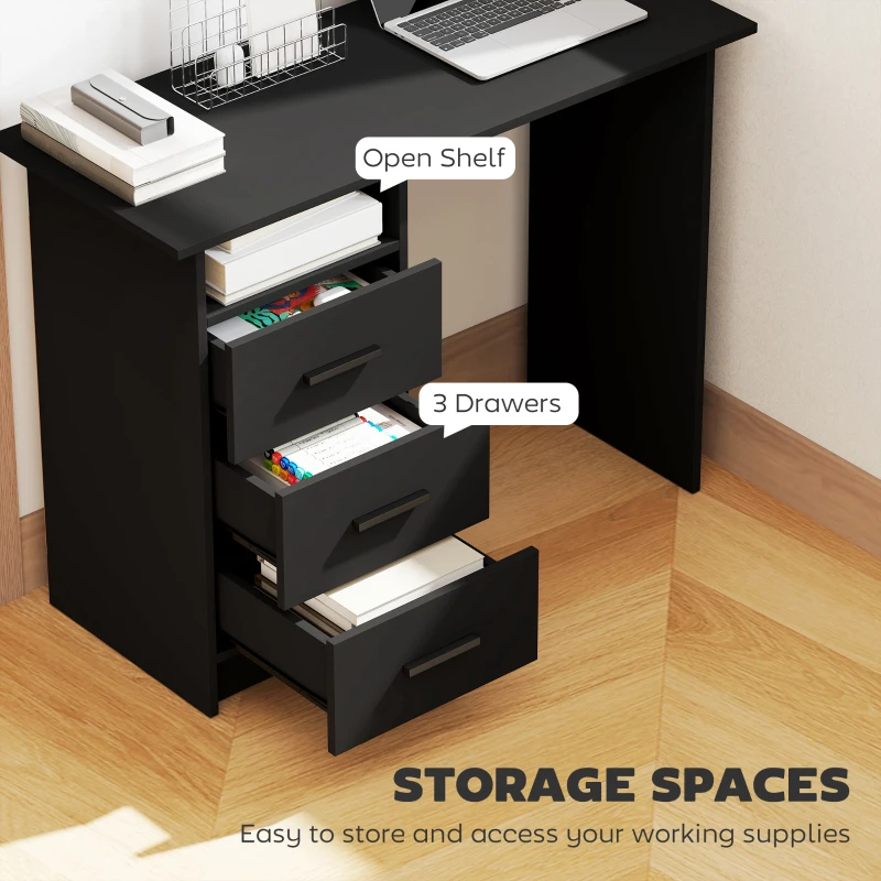 HOMCOM Computer Desk with Storage, 39" Home Office Desk with 3 Drawers nad Open Shelf, Writing Table for Bedroom, Black