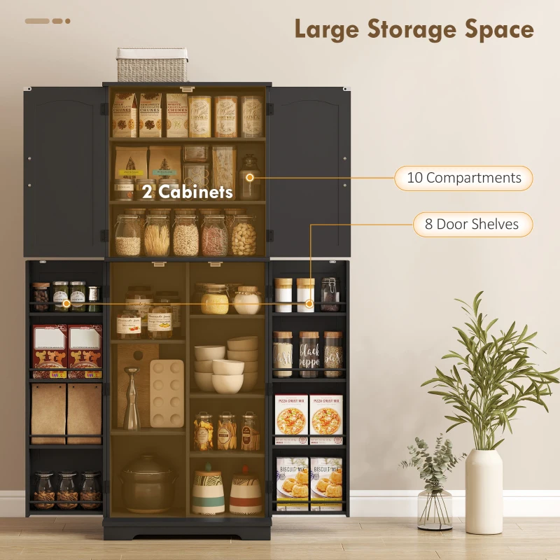 HOMCOM Tall Pantry Cabinet, 64" Storage Cabinet with Adjustable Shelves and 8 Door Spice Racks for Kitchen, Dining Room, Black