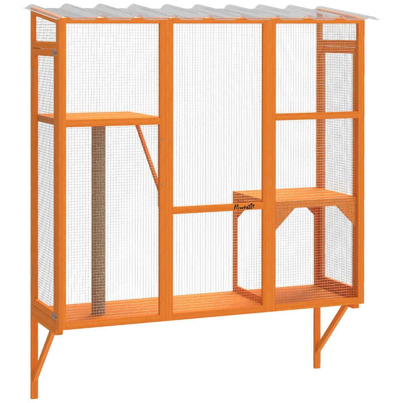 PawHut Wooden Catio Outdoor, Cat Window Box Enclosure for 2-3 Large Cats with 2 Jumping Platforms & Scratching Post, Orange
