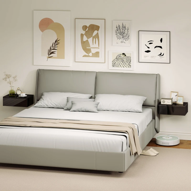 HOMCOM Set of 2 Wall Mounted Bedside Tables, High Gloss Floating Nightstands with Drawer for Bedroom, Black