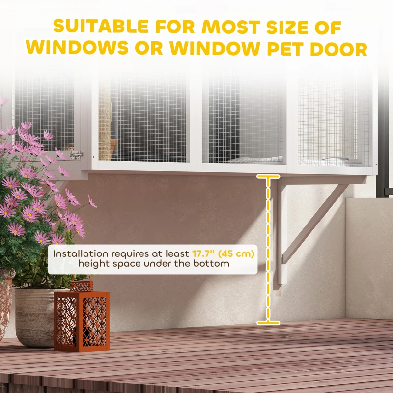 PawHut Wooden Catio Outdoor, Cat Window Box Enclosure for 2-3 Large Cats with 2 Jumping Platforms & Scratching Post, White