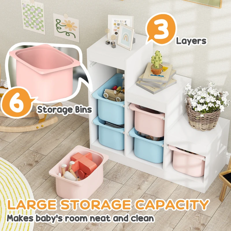 Qaba 3 Layers Toy Storage Organizer Kids Bookshelf Children Toy Storage w/ 6 Plastic Bins, Blue & Pink
