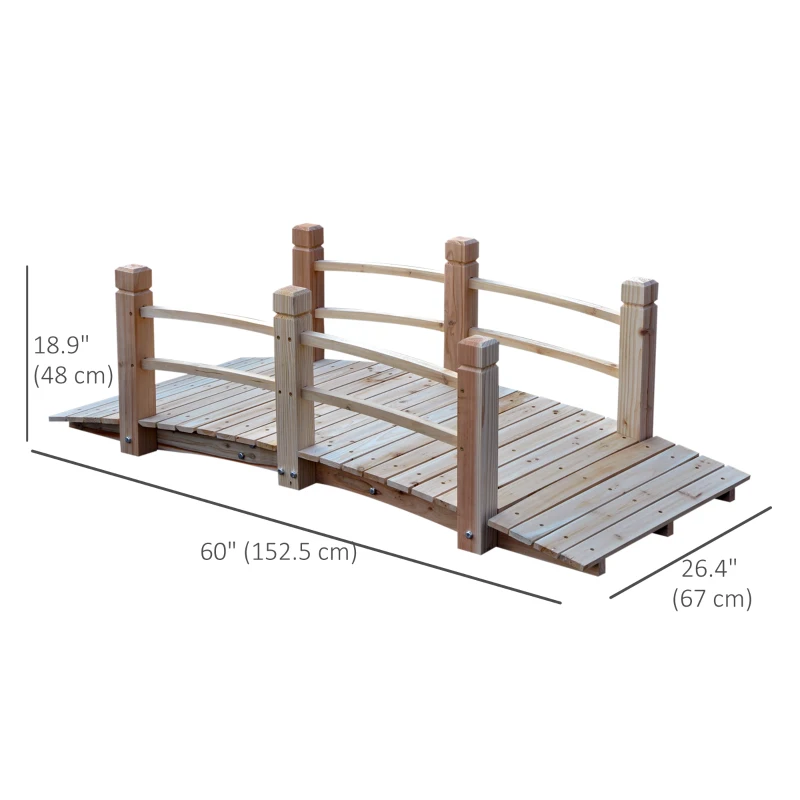 Outsunny 5FT Wood Garden Bridge Outdoor Decorative Landscape Side Rails Backyard Moon Bridge Park Decor Natural Wood