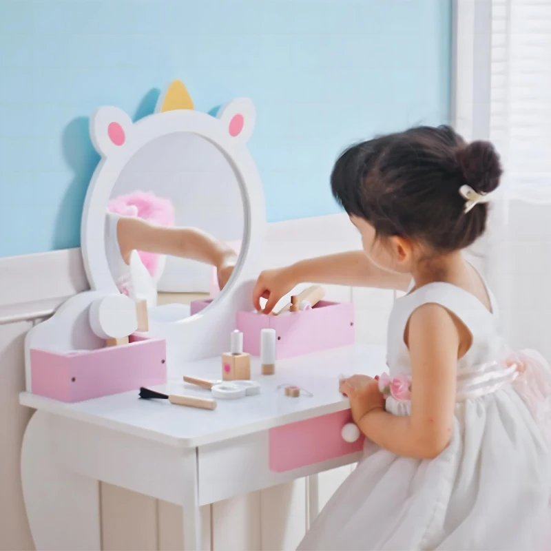 Qaba Kids Makeup Vanity Set with Stool, Mirror, Drawer, Storage Boxes, Unicorn Design, White