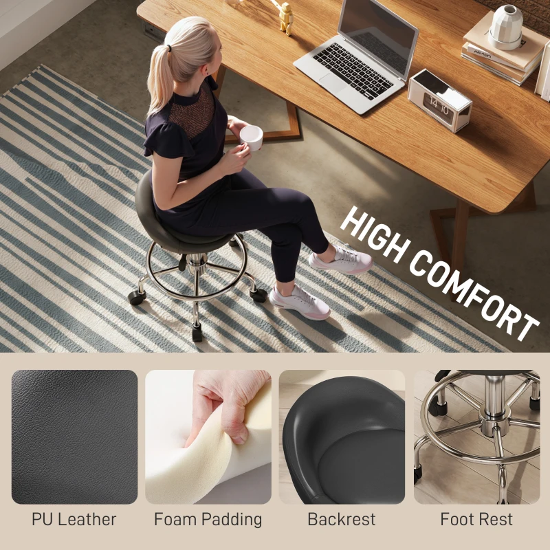 HOMCOM PU Leather Rolling Stool, Height Adjustable Swivel Salon Chair with Backrest and Foot Rest for Spa, Tattoo, Black