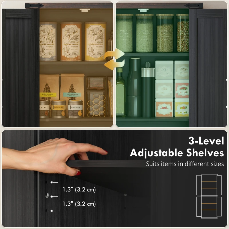 HOMCOM 72" Pantry Cabinet, Farmhouse Freestanding Kitchen Storage Cabinet with Adjustable Shelves for Dining Room, Black