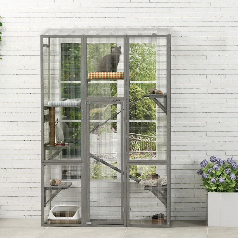 PawHut Wooden Catio Outdoor Cat Enclosure with 6 Jumping Platforms, Scratching Post, 2 Ramps, Waterproof Roof, Grey