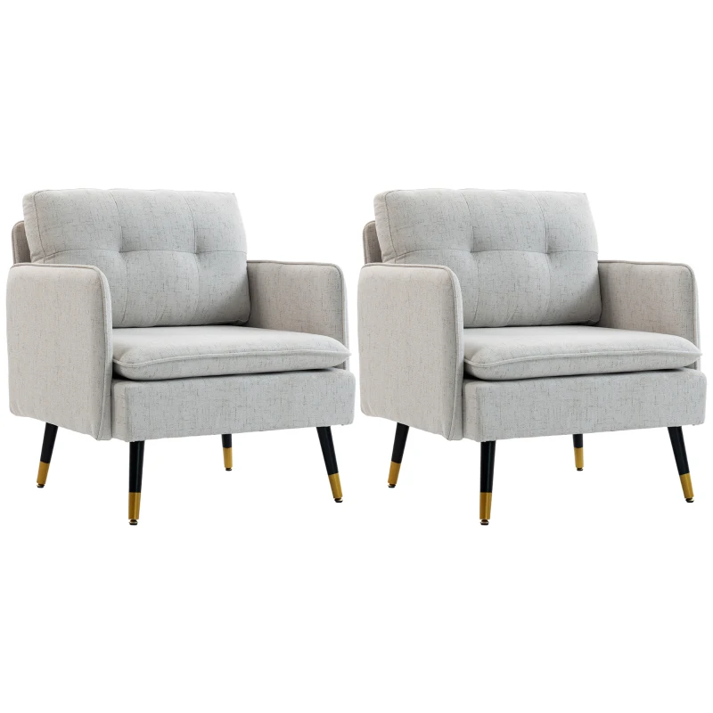 HOMCOM Accent Chairs Set of 2, Upholstered Armchairs with Tufted Back Cushion and Steel Legs for Living Room, Bedroom