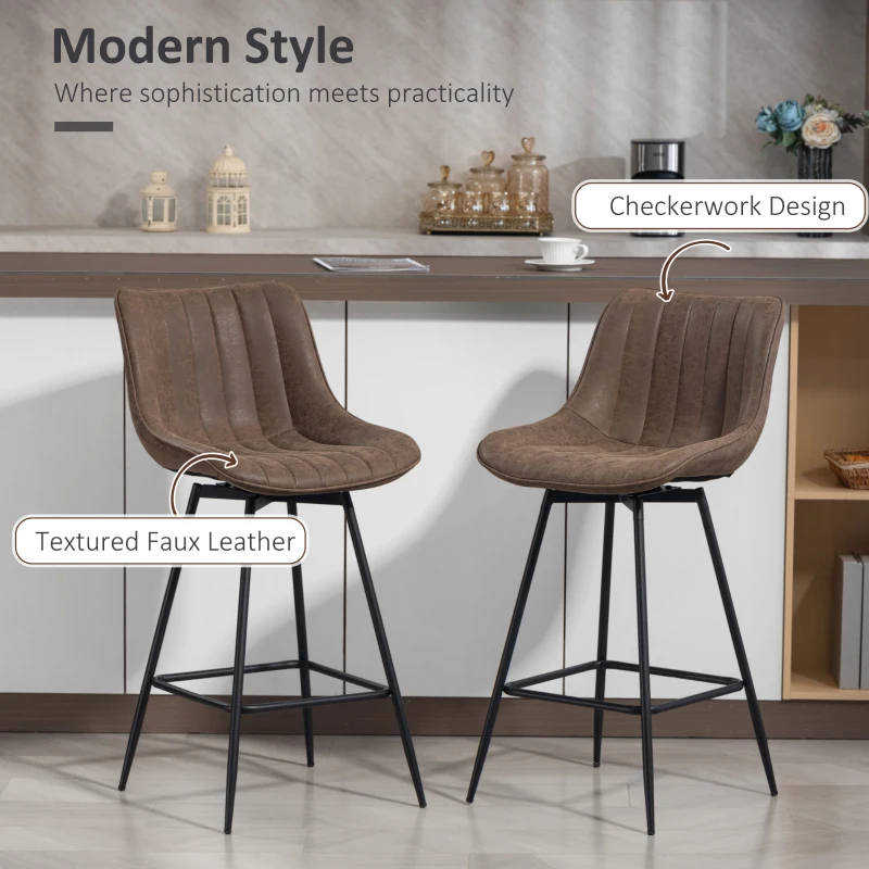 HOMCOM Set of 2 Counter Height Barstools, PU Leather Upholstered Bar Stools with Backrest, Footrest and Steel Legs, Brown