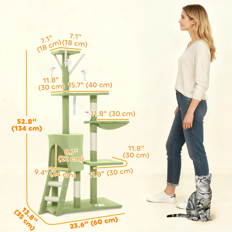 PawHut 53" Cat Tree Tower, Kitten Activity Centre with Scratching Posts, Condo, Perches, Ladder, Hammock, Dangling Toys, Green