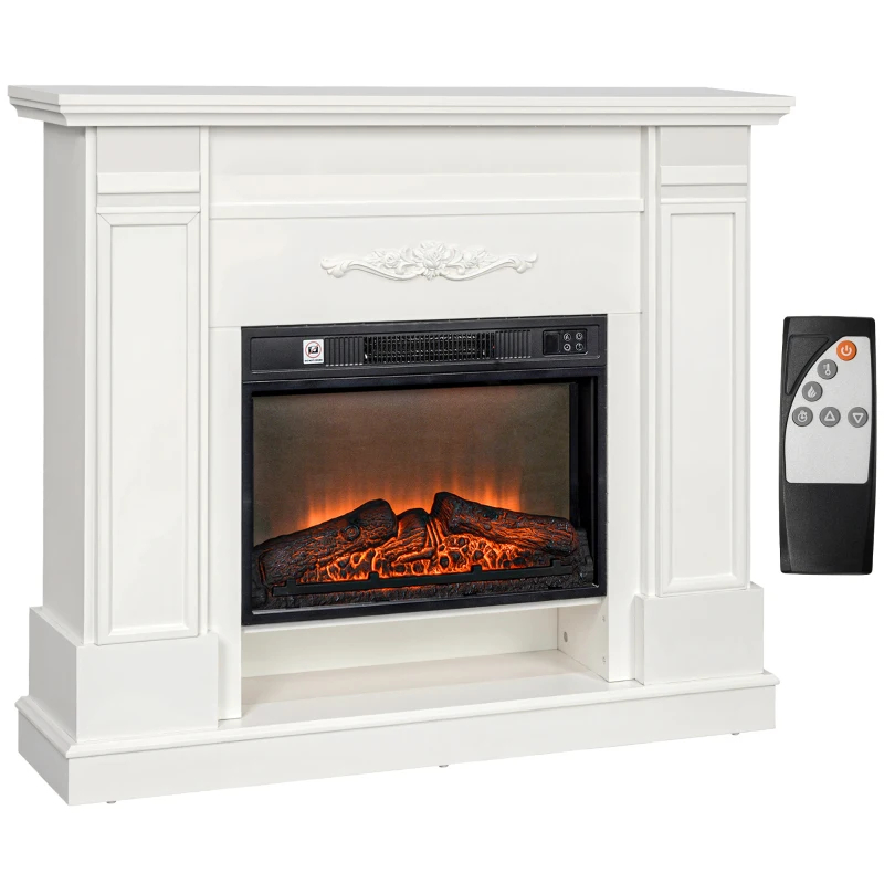 HOMCOM 46" Electric Fireplace with Mantel and Shelf, 1400W Fireplace Heater with Realistic Log and Flame Effect, White
