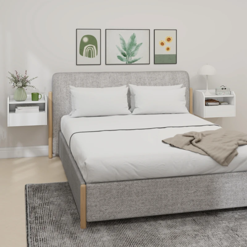 HOMCOM Wall Mounted Bedside Table, Set of 2 Floating Nightstand with Charging Station, Drawer and Open Shelf for Bedroom, White