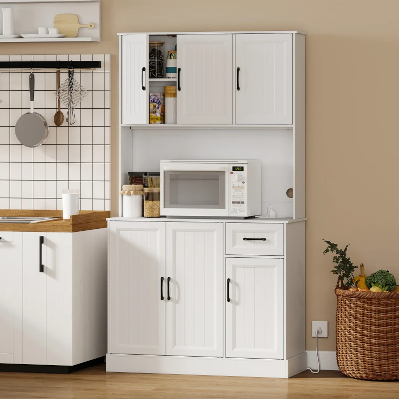HOMCOM 71" Pantry Cabinet with Charging Station, Kitchen Storage Cabinet with Microwave Stand, Adjustable Shelves, White