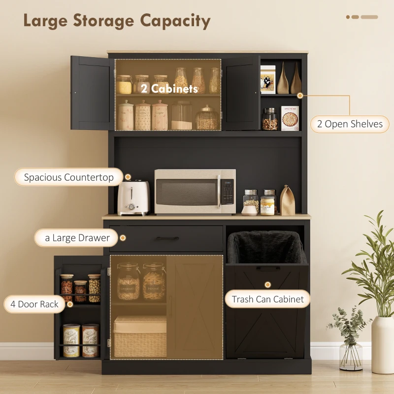 HOMCOM 69" Pantry Cabinet with Charging Station, Kitchen Cabinet with Microwave Stand, Tilt-Out Trash Can Cabinet, Black