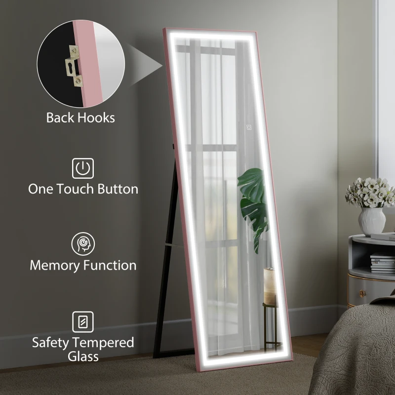 HOMCOM LED Mirror with Dimmable and 3 Colour Lights, 64" x 21" Rectangular Floor Mirror for Bedroom Living Room, Pink
