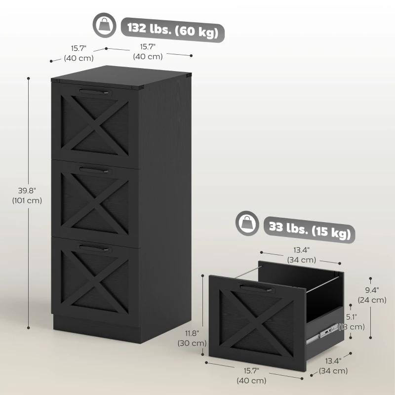 HOMCOM 3 Drawer File Cabinet with Silent Slides, Vertical Farmhouse Filing Cabinet Fits Letter/A4 Size Home Office, Black