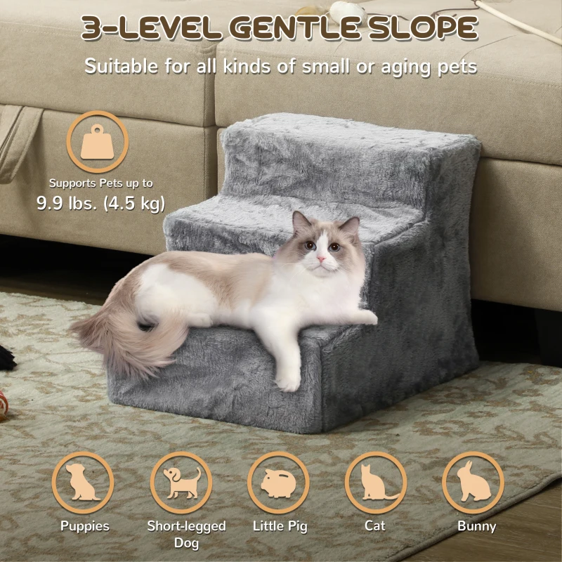 PawHut 3-Step Dog Ramp for Sofa, Bed, and Couch, with Removable Cover, Light Grey