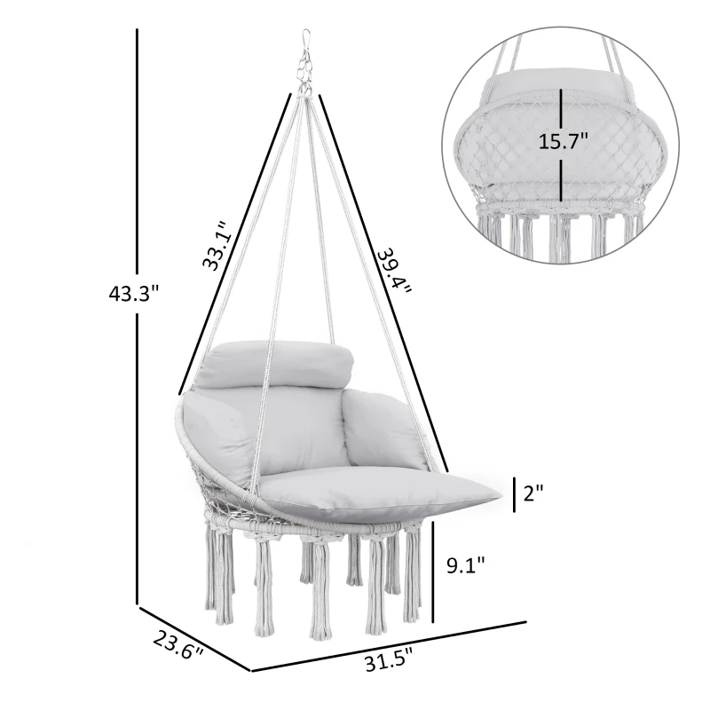 Outsunny Hammock Swing Chair, Macrame Hanging Chair with Large Cushion, Chain, Steel Frame for Indoor Outdoor Use, Gray