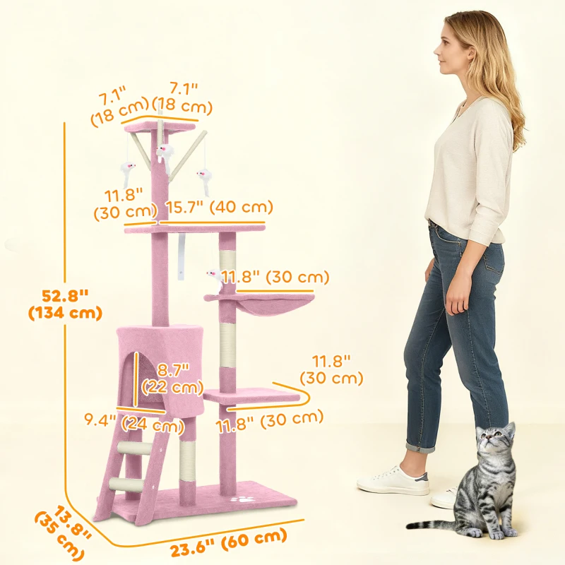 PawHut 53" Cat Tree Tower, Kitten Activity Centre with Scratching Posts, Condo, Perches, Ladder, Hammock, Dangling Toys, Pink