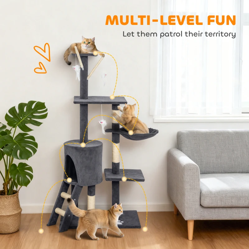 PawHut 53" Cat Tree Tower, Kitten Activity Centre with Scratching Posts, Condo, Perches, Ladder, Hammock, Dangling Toys, Dark Grey