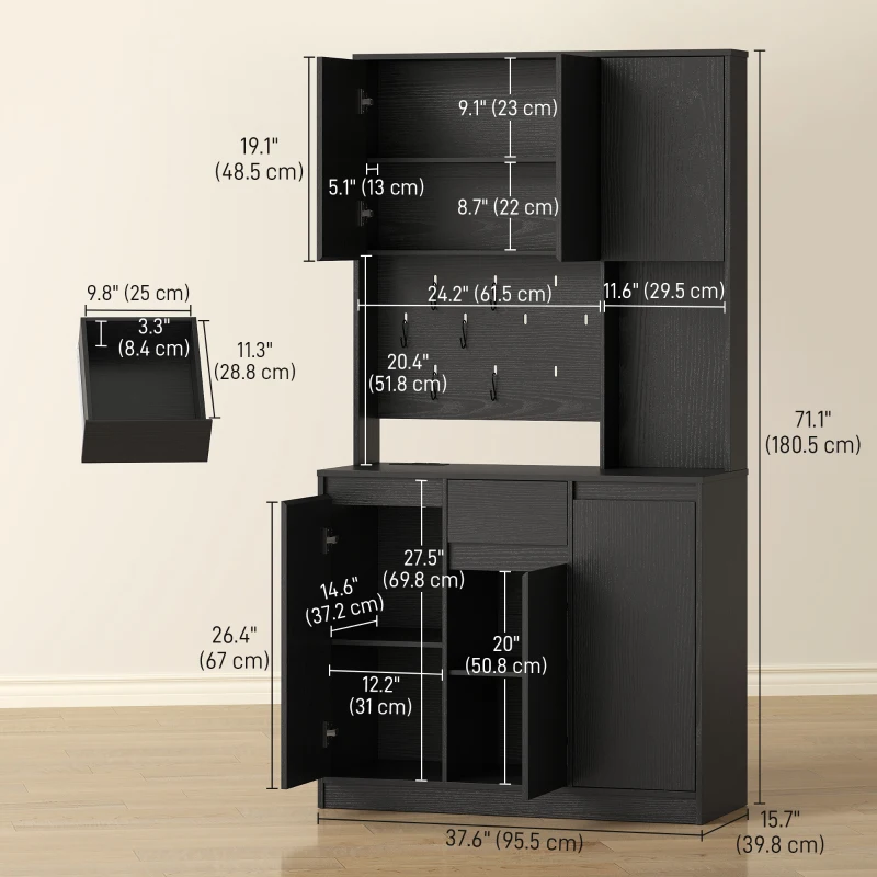 HOMCOM 71" Pantry Cabinet with Charging Station, Kitchen Storage Cabinet with Microwave Stand, Pegboard, 6 S-hooks, Black
