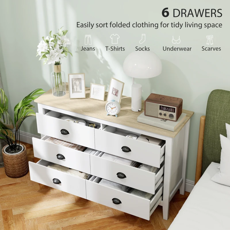 HOMCOM Chest of Drawers with Quiet Slides, Modern 6 Drawer Dresser for Bedroom, Closet, Living Room, Entryway, White