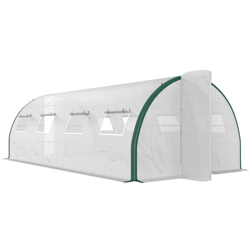 Outsunny Tunnel Greenhouse Walk-in Plant Warm House with 2 Hinged Doors, 8 Mesh Windows, 20' x 10' x 6.6', White