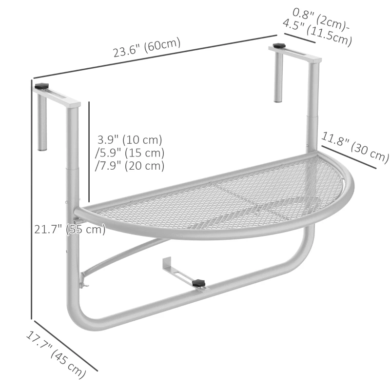 Outsunny Adjustable Balcony Hanging Railing Table, Metal Mounting Mini Wall Desk Storage Rack, Outdoor Flower Stand Serving Table Half Round, White