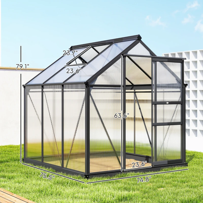 Outsunny Polycarbonate Greenhouse, Heavy Duty Outdoor Aluminum Walk-in Green House Kit Vent Door, 6.2'x6.2'x6.6' Gray