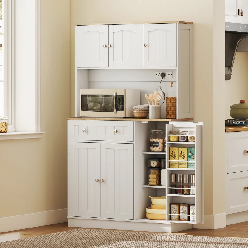 HOMCOM 68" Pantry Cabinet with Charging Station, Kitchen Storage Cabinet with Microwave Stand, 4 Door Racks, White