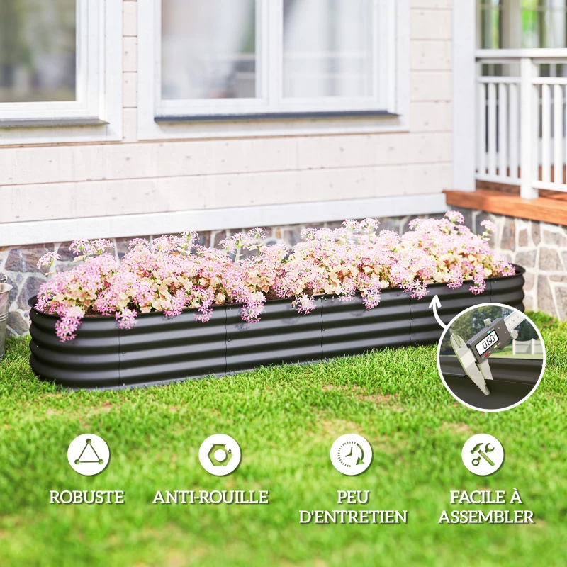 Outsunny 7.9 x 2 x 1ft Galvanized Raised Garden Bed Kit, Metal Planter Box with Safety Edging, Dark Grey