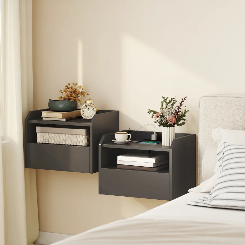 HOMCOM Wall Mounted Bedside Table, Set of 2 Floating Nightstand with Charging Station, Drawer and Open Shelf for Bedroom, Black