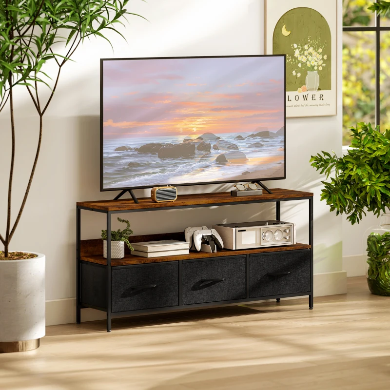 HOMCOM TV Stand with Charging Station, TV Table with 3 Foldable Linen Drawers and Open Shelf for 55 Inch Television, Rustic Brown