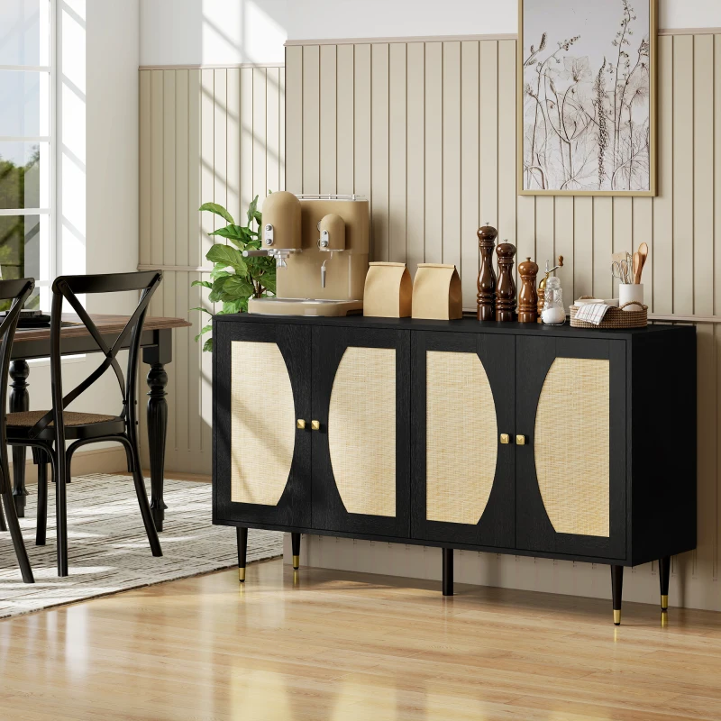 HOMCOM 55" Sideboard Buffet Cabinet, Boho Storage Cabinet with Adjustable Shelves, Soft Close Doors and Rattan Front, Black