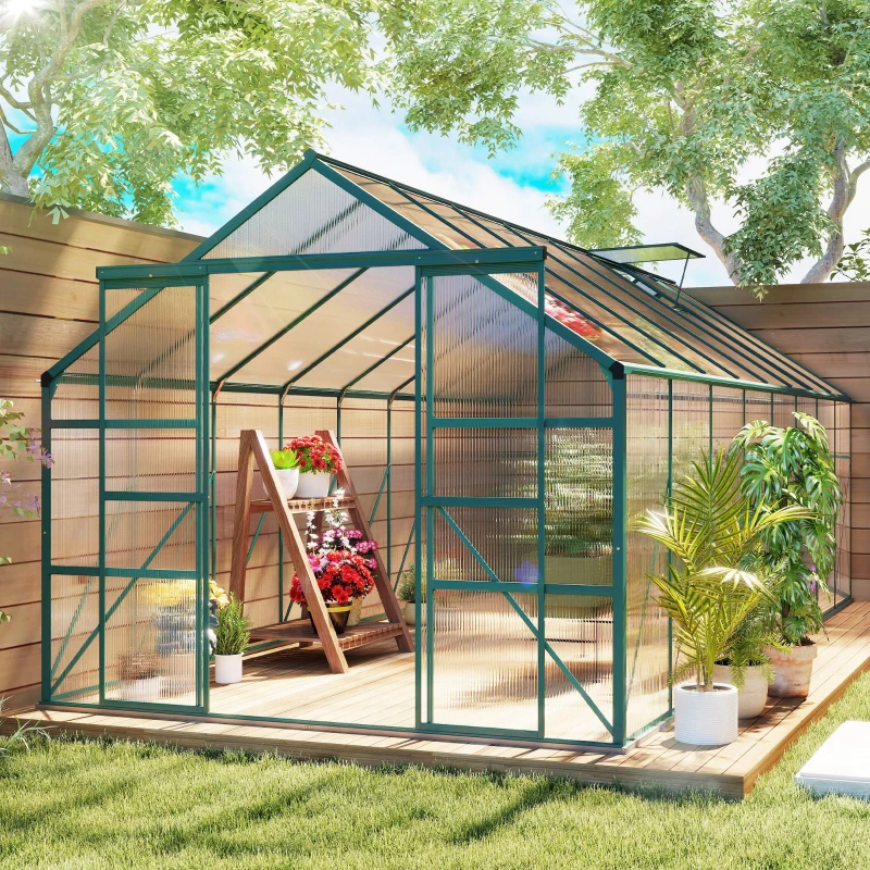 Outsunny 16' x 8' Aluminum Greenhouse Polycarbonate Walk-in Garden Greenhouse Kit with Adjustable Roof Vent, Rain Gutter and Sliding Door for Winter, Clear