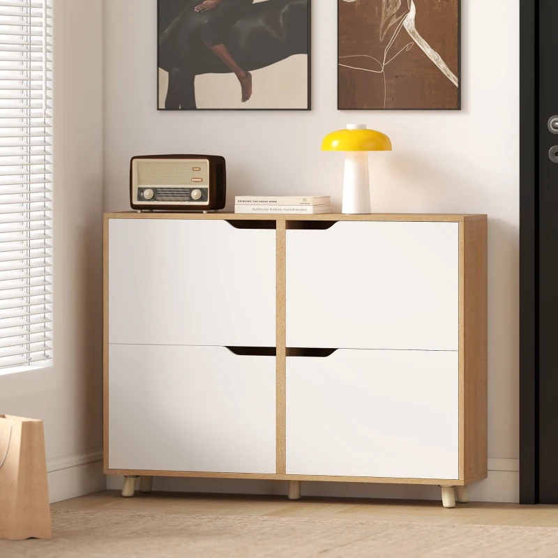 HOMCOM Narrow Shoe Cabinet, Shoe Storage Cabinet with 4 Flip Drawers and Adjustable Shelves for 16 Pairs of Shoes, Natural