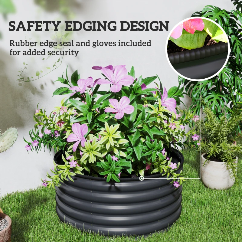 Outsunny Galvanized Raised Flower Bed, 3 x 3 x 1.5 ft Outdoor Metal Raised Bed with Safety Edging and Gloves, Dark Grey