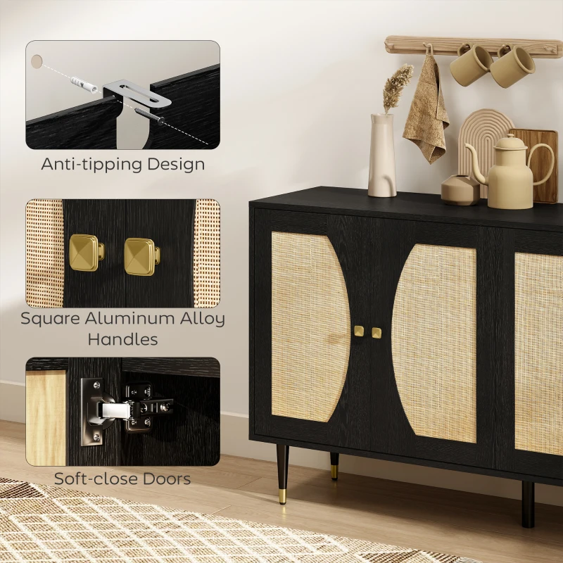 HOMCOM 55" Sideboard Buffet Cabinet, Boho Storage Cabinet with Adjustable Shelves, Soft Close Doors and Rattan Front, Black