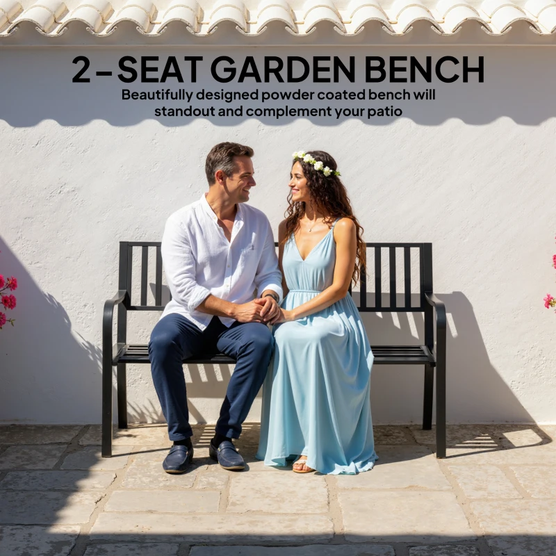 Outsunny 50" Outdoor Garden Bench, Patio Bench with Slatted Seat, Metal Porch Bench for Backyard, Poolside, Lawn, Black