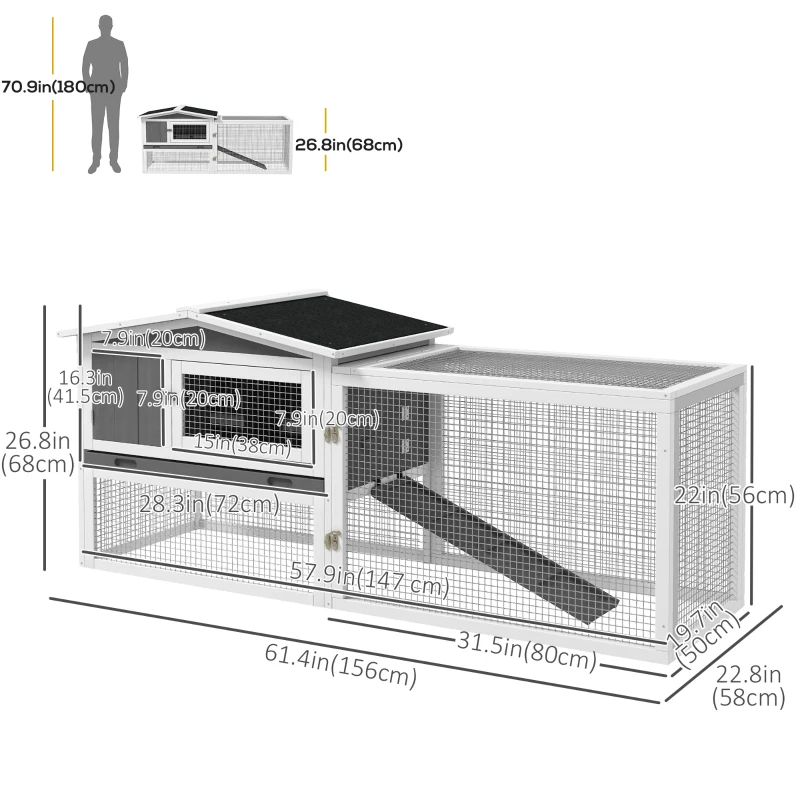 PawHut Wooden Rabbit Hutch Guinea Pig House with Removable Tray, Openable Roof, Trough, Run for Tortoises and Ferrets, Grey